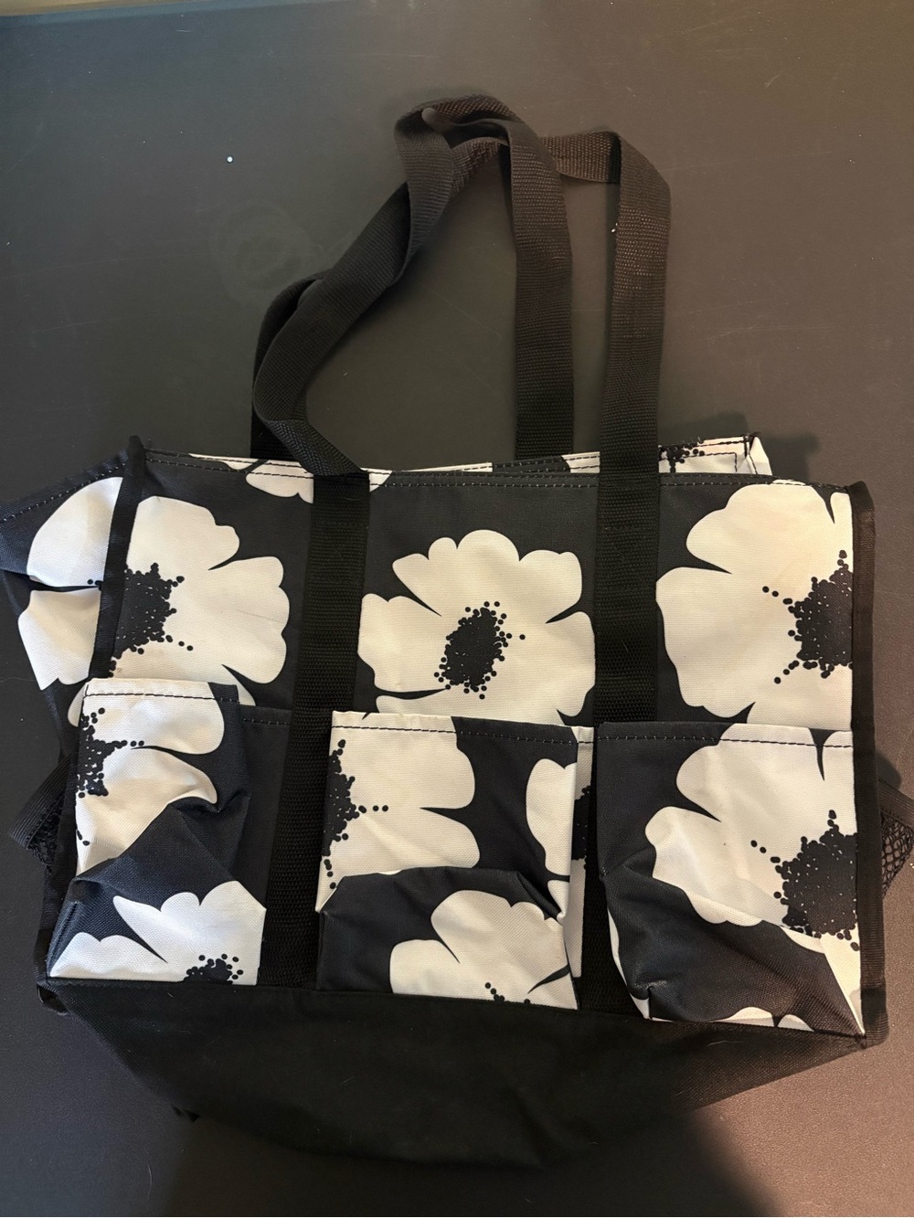 thirty-one Black & White Floral Utility Tote with Exterior Pockets